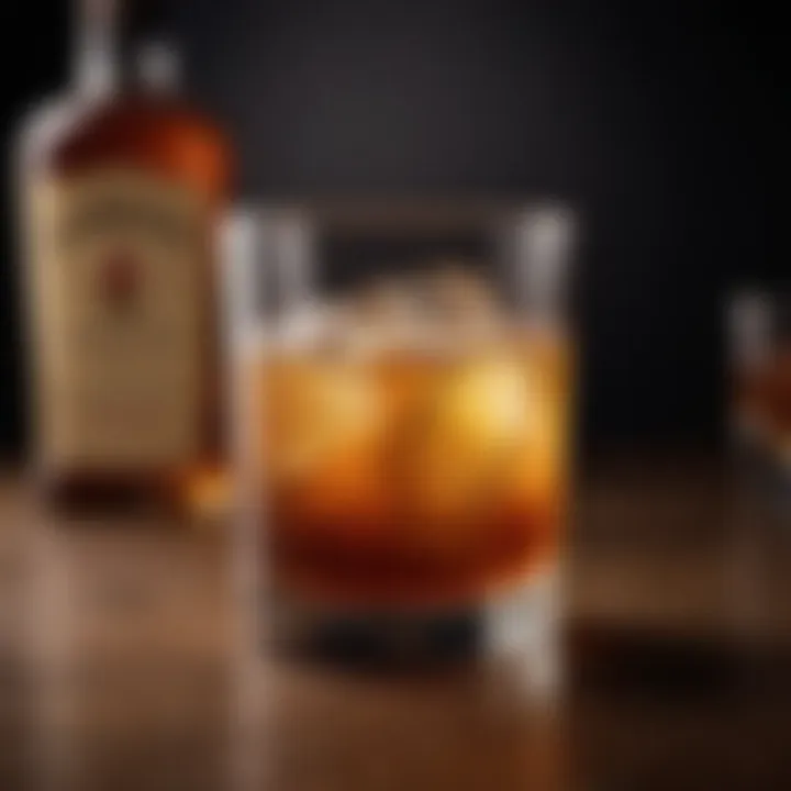 A close-up view of whiskey with a rich amber hue