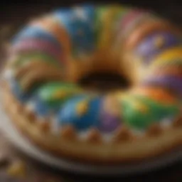 A beautifully decorated King Cake showcasing vibrant colors and traditional motifs.
