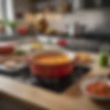 Le Creuset cookware being used in a contemporary meal preparation setting