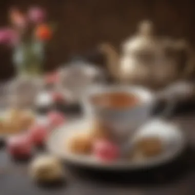 An elegant table setting with macaroon cookies alongside a steaming cup of tea, inviting indulgence.