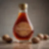 A close-up of nutmeg syrup in a decorative bottle.