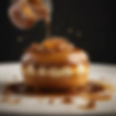 Nutmeg syrup drizzling over a sumptuous dessert.