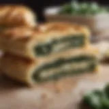 A beautifully layered spanakopita showcasing its flaky pastry and vibrant spinach filling