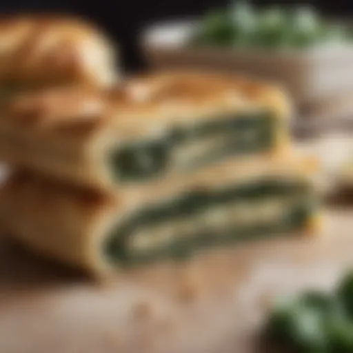 A beautifully layered spanakopita showcasing its flaky pastry and vibrant spinach filling