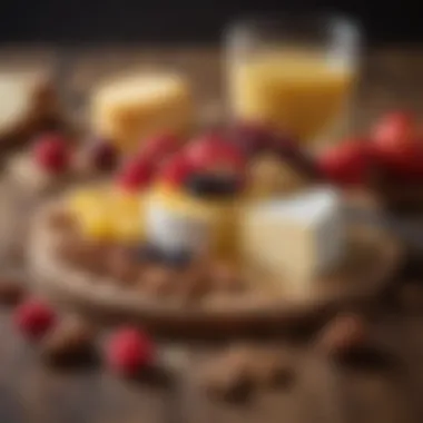 Oka cheese paired with fruits and nuts on a wooden board