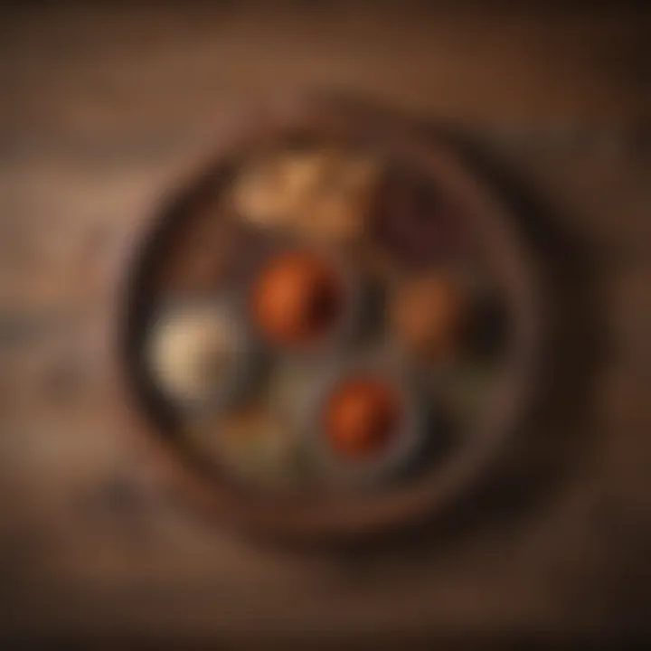 A rustic wooden table adorned with various spices used in Oklahoma Joe's Rib Rub.