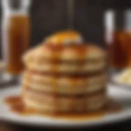 A stack of fluffy pancakes drizzled with syrup