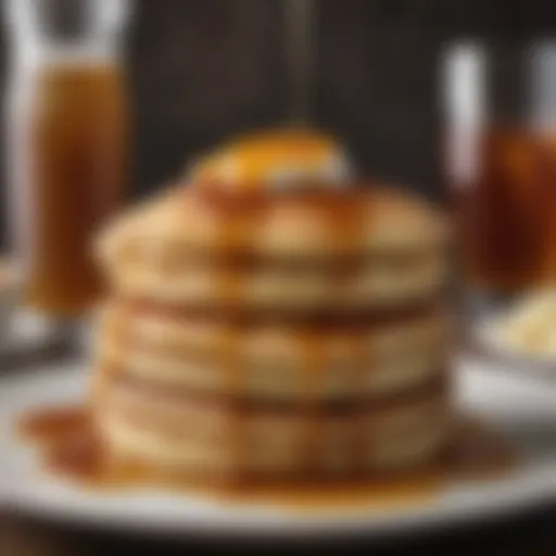 A stack of fluffy pancakes drizzled with syrup