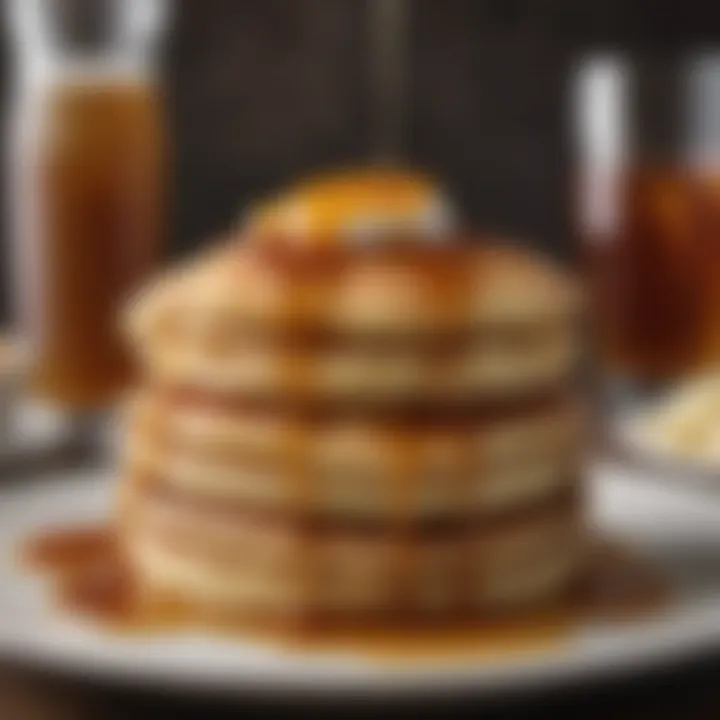 A stack of fluffy pancakes drizzled with syrup
