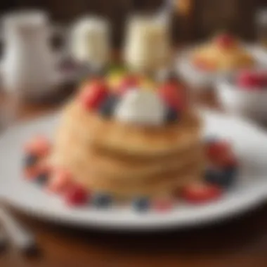 Pancakes with Fresh Fruit and Cream A plate of pancakes accompanied by fresh fruit and whipped cream
