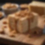 A close-up of peanut butter suet on a wooden cutting board