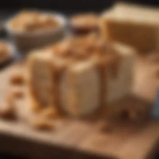 A close-up of peanut butter suet on a wooden cutting board