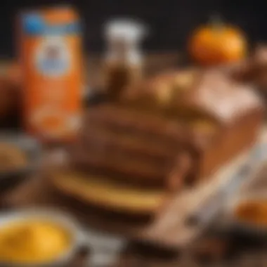 A close-up of the ingredients used in Pillsbury pumpkin bread, including pumpkin puree and spices.