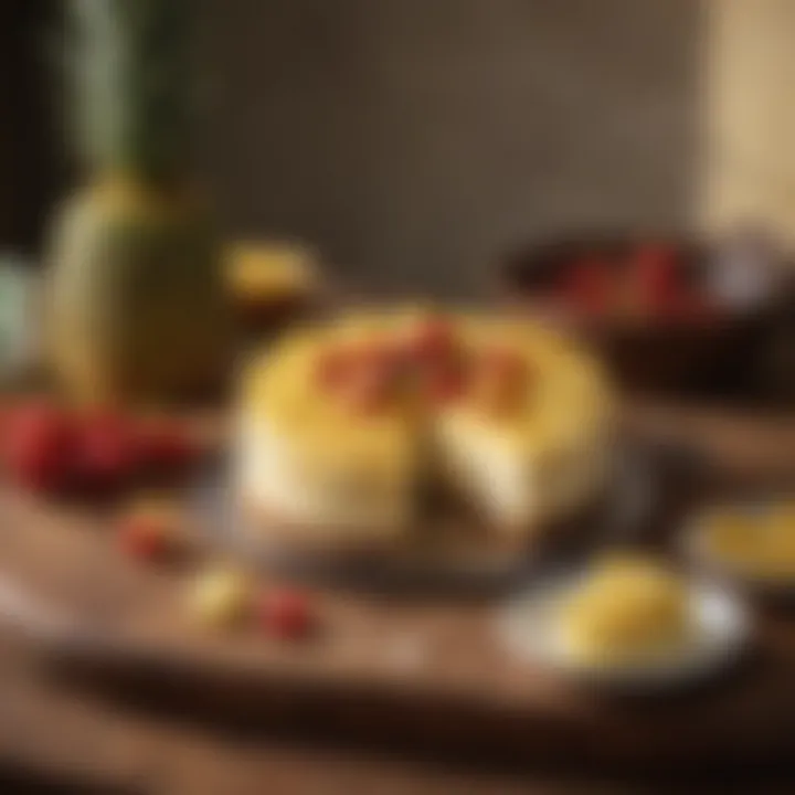 An array of fresh pineapples and cheesecake ingredients displayed on a wooden table