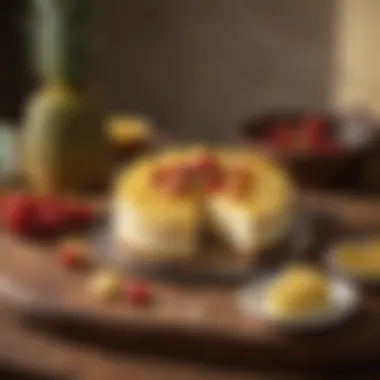 Essentials for Pineapple Cheesecake Creation An array of fresh pineapples and cheesecake ingredients displayed on a wooden table
