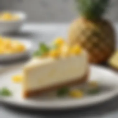 A beautifully plated slice of pineapple cheesecake garnished with fresh pineapple slices and mint leaves