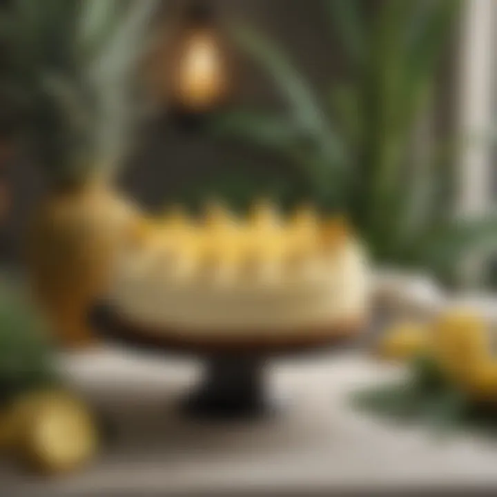 A tropical setting with a whole pineapple and a cheesecake centerpiece, evoking a festive atmosphere