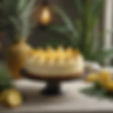 Tropical Vibes with Pineapple Cheesecake A tropical setting with a whole pineapple and a cheesecake centerpiece, evoking a festive atmosphere