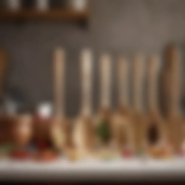 A beautifully arranged kitchen scene featuring wooden spoons alongside fresh ingredients and cookware.