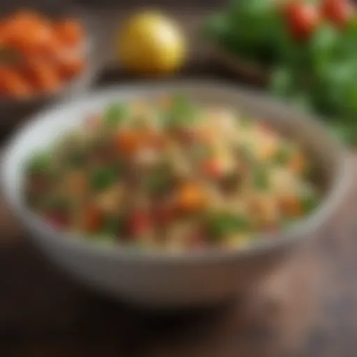 A vibrant bowl of quinoa salad with fresh vegetables and herbs