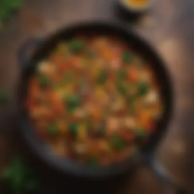 A skillet filled with colorful stir-fried vegetables and lean protein