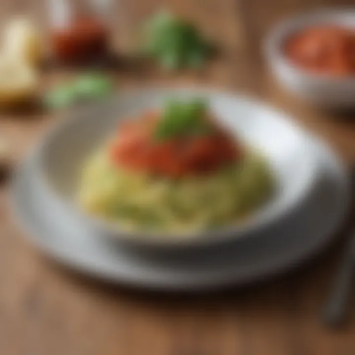 A plate of zucchini noodles topped with marinara sauce and basil