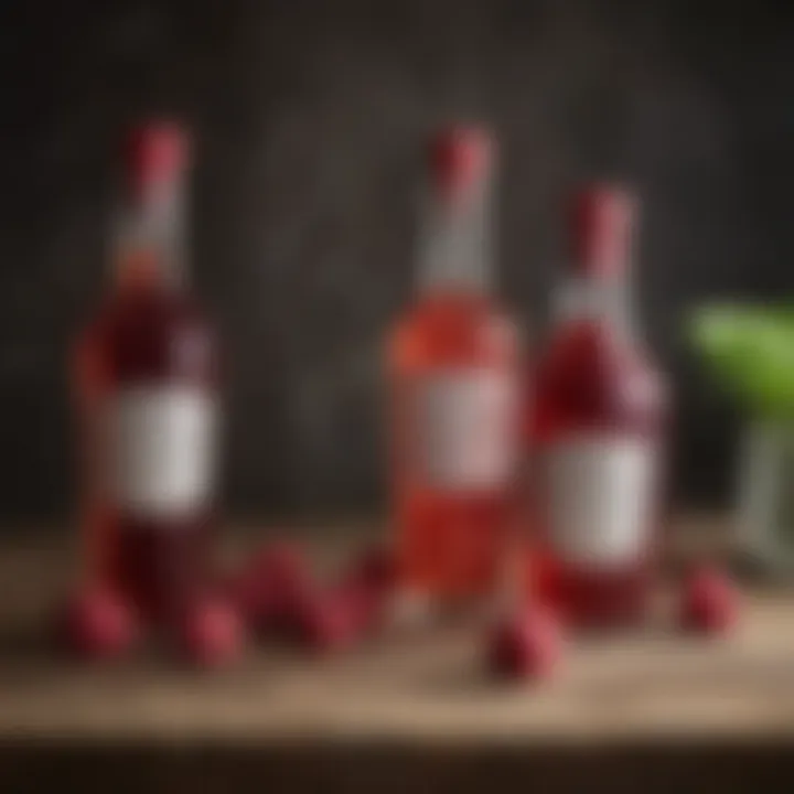 Showcase of different brands of raspberry liqueur on a rustic table