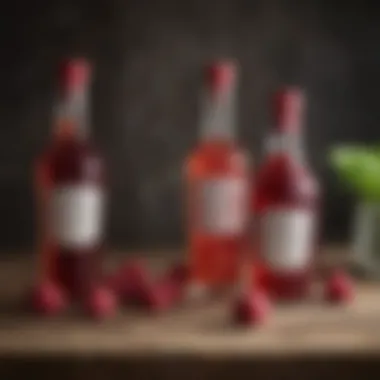 Raspberry Liqueur Brand Showcase Showcase of different brands of raspberry liqueur on a rustic table