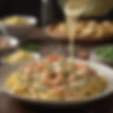 The Creamy Essence of Seafood Alfredo Creamy sauce being drizzled over the pasta