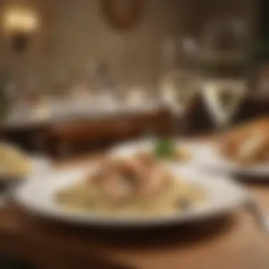 A beautifully arranged table with Seafood Alfredo and wine