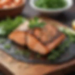 Grilled salmon fillet garnished with herbs