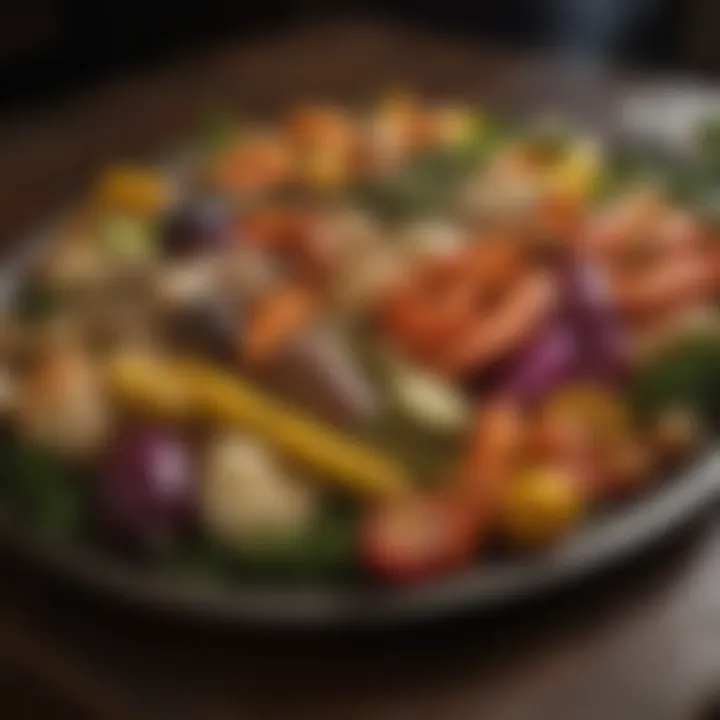 An array of smoked vegetables displayed on a platter