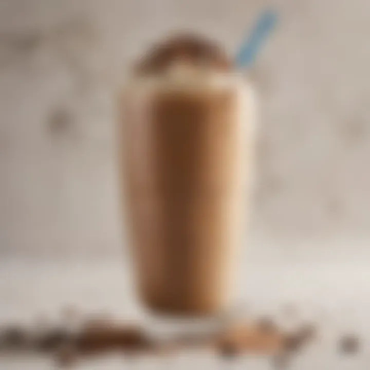 A close-up of a creamy coffee smoothie adorned with cocoa nibs and coconut flakes