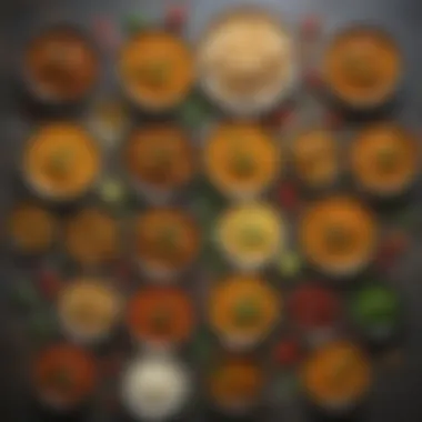 Diverse Regional Variations of Curries Regional variations of curries displayed in an artistic arrangement