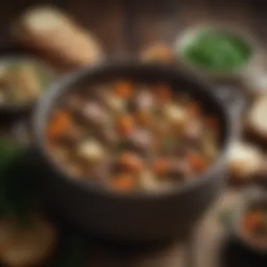 A traditional Irish stew simmering in a pot, showcasing fresh ingredients.