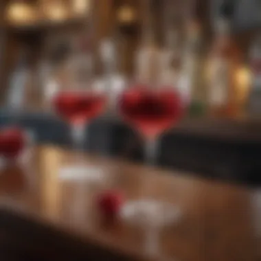 An elegant glass of cherry vodka on a bar counter