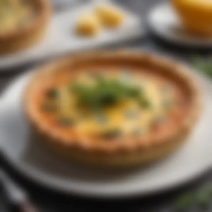 A slice of cheese quiche elegantly plated with a garnish of herbs.