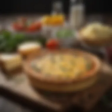 An array of ingredients for cheese quiche including cheeses and herbs.