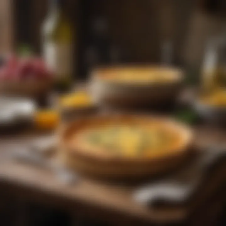 A rustic kitchen setting with cheese quiche being enjoyed with wine.