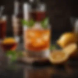 A whiskey cocktail garnished with citrus and herbs, showcasing vibrant colors.
