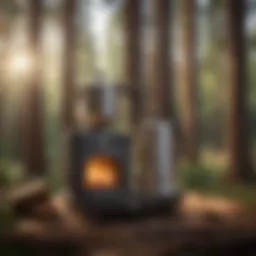 A vintage campfire coffee maker nestled among tall pine trees
