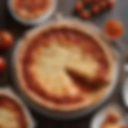 A close-up view of a deep-dish pizza with gooey cheese and a rich tomato sauce
