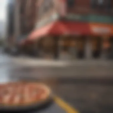 Downtown Pizza Scene A bustling downtown street lined with popular pizza joints