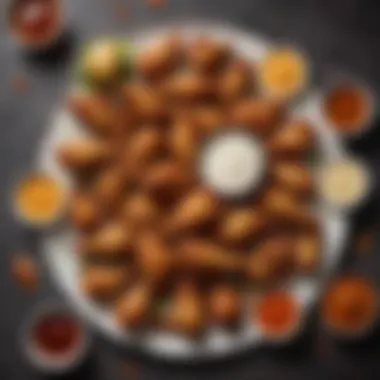 Variety of Flavors with Dipping Sauces An array of deep fried wings presented with vibrant dipping sauces