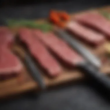 Variety of meat cuts arranged with complementary knives