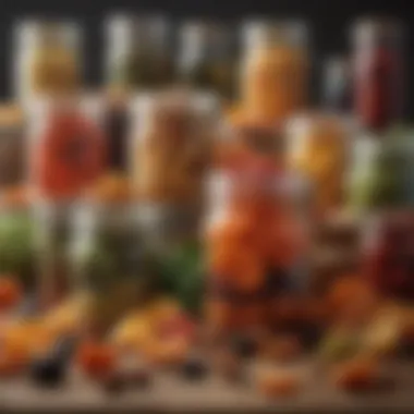 Assortment of Dried Fruits and Vegetables An assortment of dried fruits and vegetables in jars.