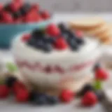 Delicious low sugar Greek yogurt in a bowl topped with fresh berries.