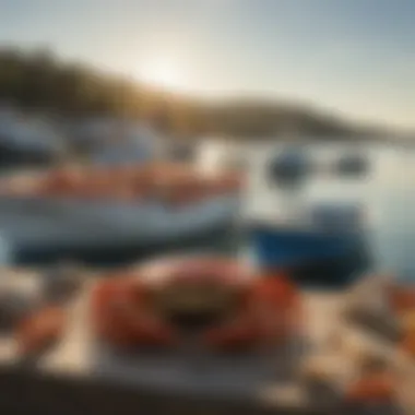 Coastal Crab Sourcing A serene coastal scene representing the source of fresh crabs, with boats docked by a picturesque harbor.