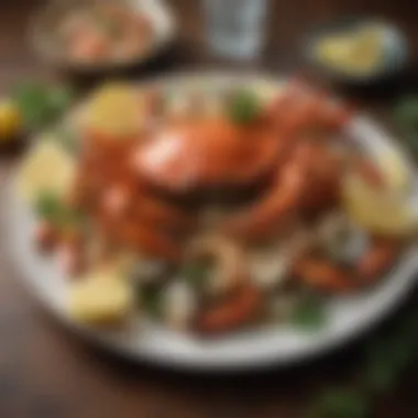 An elegant seafood platter featuring various crab dishes, garnished with herbs and lemon slices.