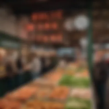 Iconic Pike Place Market sign above seafood vendors